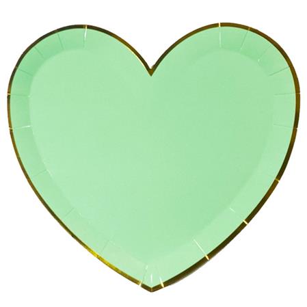 Plato corazón gde verde agua borde dorado 10u